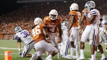 AUSTIN, TX - OCTOBER 07: DeShon Elliott #4 of the Texas Longhorns reacts after tackling Alex Delton #5 of the Kansas State Wildcats short of the goal line in the third quarter at Darrell K Royal-Texas Memorial Stadium on October 7, 2017 in Austin, Texas. (Photo by Tim Warner/Getty Images)