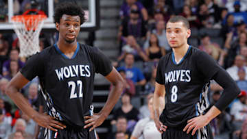 SACRAMENTO, CA - OCTOBER 29: Andrew Wiggins #22 and Zach LaVine #8 of the Minnesota Timberwolves talk during the game against the Sacramento Kings on October 29, 2016 at Golden 1 Center in Sacramento, California. NOTE TO USER: User expressly acknowledges and agrees that, by downloading and or using this photograph, User is consenting to the terms and conditions of the Getty Images Agreement. Mandatory Copyright Notice: Copyright 2016 NBAE (Photo by Rocky Widner/NBAE via Getty Images)