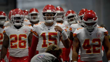 PITTSBURGH, PA - AUGUST 17: Patrick Mahomes #15 of the Kansas City Chiefs leads the team onto the field before a preseason game against the Pittsburgh Steelers at Heinz Field on August 17, 2019 in Pittsburgh, Pennsylvania. (Photo by Justin Berl/Getty Images)