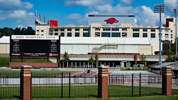 FAYETTEVILLE, AR - SEPTEMBER 1: View of Donald W. Reynolds Stadium, home of the Arkansas Razorbacks, and John McDonnell Field before a game against the Eastern Illinois Panthers at Razorback Stadium on September 1, 2018 in Fayetteville, Arkansas. (Photo by Wesley Hitt/Getty Images)