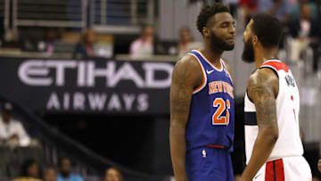 WASHINGTON, DC - OCTOBER 01: Markieff Morris #5 of the Washington Wizards and Mitchell Robinson #26 of the New York Knicks exchange words during the first half of a preseason NBA game at Capital One Arena on October 01, 2018 in Washington, DC. NOTE TO USER: User expressly acknowledges and agrees that, by downloading and or using this photograph, User is consenting to the terms and conditions of the Getty Images License Agreement. (Photo by Patrick Smith/Getty Images)