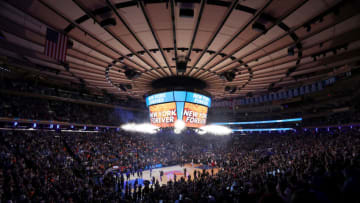 Apr 30, 2023; New York, New York, USA; General view of Madison Square Garden as pyrotechnics are used during introductions beforegame one of the 2023 NBA Eastern Conference semifinal playoffs between the New York Knicks and the Miami Heat. Mandatory Credit: Brad Penner-USA TODAY Sports