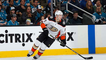 SAN JOSE, CA - APRIL 16: Nick Ritchie #37 of the Anaheim Ducks skates with the puck against the San Jose Sharks in Game Three of the Western Conference First Round during the 2018 NHL Stanley Cup Playoffs at SAP Center on April 16, 2018 in San Jose, California. (Photo by Rocky W. Widner/NHL/Getty Images) *** Local Caption *** Nick Ritchie