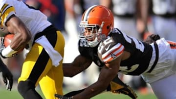 Nov 25, 2012; Cleveland, OH, USA; Cleveland Browns cornerback Buster Skrine (22) during a game against the Pittsburgh Steelers at Cleveland Browns Stadium. Cleveland won 20-14. Mandatory Credit: David Richard-USA TODAY Sports
