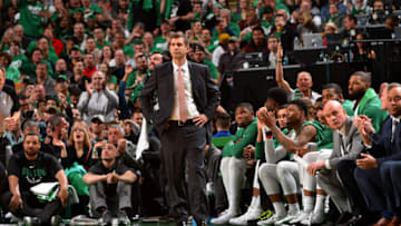 BOSTON, MA - APRIL 28: Head Coach Brad Stevens of the Boston Celtics looks on against the Philadelphia 76ers in Game One of the Eastern Conference Semifinals of the 2018 NBA Playoffs on April 30, 2018 at the TD Garden in Boston, Massachusetts. NOTE TO USER: User expressly acknowledges and agrees that, by downloading and or using this photograph, User is consenting to the terms and conditions of the Getty Images License Agreement. Mandatory Copyright Notice: Copyright 2018 NBAE (Photo by Jesse D. Garrabrant/NBAE via Getty Images)