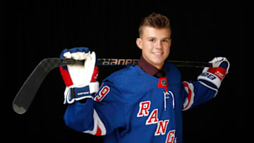 VANCOUVER, BRITISH COLUMBIA - JUNE 22: Hunter Skinner poses after being selected 112nd overall by the New York Rangers during the 2019 NHL Draft at Rogers Arena on June 22, 2019 in Vancouver, Canada. (Photo by Kevin Light/Getty Images)