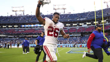 NASHVILLE, FL - SEPTEMBER 11: Saquon Barkley #26 of the New York Giants celebrates after beating the Tennessee Titans in an NFL football game at Nissan Stadium on September 11, 2022 in Nashville, Tennessee. (Photo by Kevin Sabitus/Getty Images)