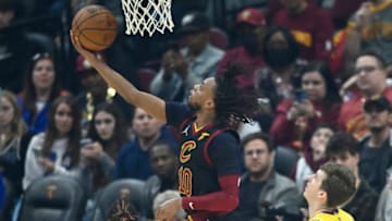 Mar 21, 2022; Cleveland, Ohio, USA; Cleveland Cavaliers guard Darius Garland (10) goes to the basket in the first quarter against the Los Angeles Lakers at Rocket Mortgage FieldHouse. Mandatory Credit: David Richard-USA TODAY Sports