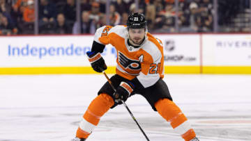 Jan 24, 2023; Philadelphia, Pennsylvania, USA; Philadelphia Flyers center Scott Laughton (21) in action against the Los Angeles Kings during the first period at Wells Fargo Center. Mandatory Credit: Bill Streicher-USA TODAY Sports