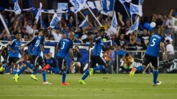 Jul 16, 2016; San Jose, CA, USA; San Jose Earthquakes forward Simon Dawkins (49) celebrates after a goal against Toronto FC during the second half at Avaya Stadium. Mandatory Credit: Kelley L Cox-USA TODAY Sports