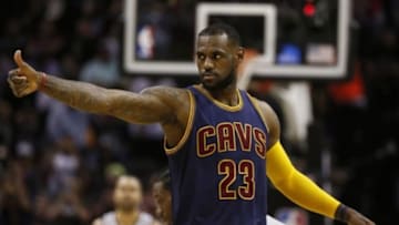 Mar 12, 2015; San Antonio, TX, USA; Cleveland Cavaliers forward LeBron James (23) gestures before the game against the San Antonio Spurs at AT&T Center. Mandatory Credit: Soobum Im-USA TODAY Sports