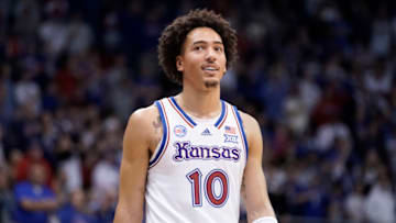 LAWRENCE, KS - DECEMBER 17: Jalen Wilson #10 of the Kansas Jayhawks in action against the Indiana Hoosiers at Allen Fieldhouse on December 17, 2022 in Lawrence, Kansas. (Photo by Ed Zurga/Getty Images)