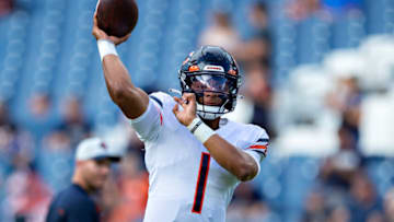 Justin Fields of the Chicago Bears warms up before an NFL preseason game against the Tennessee Titans. (Photo by Wesley Hitt/Getty Images)