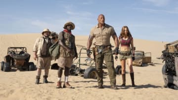 Photo: Jack Black, Kevin Hart, Dwayne Johnson and Karen Gillan star in JUMANJI: The Next Level... Image Courtesy Sony Pictures