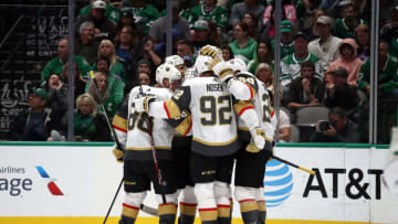 DALLAS, TEXAS - NOVEMBER 25: The Vegas Golden Knights celebrate a goal by Shea Theodore #27 against the Dallas Stars in the second period at American Airlines Center on November 25, 2019 in Dallas, Texas. (Photo by Ronald Martinez/Getty Images)