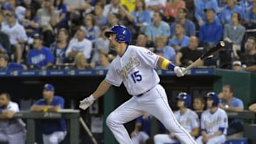 Sep 2, 2016; Kansas City, MO, USA; Kansas City Royals second baseman Whit Merrifield (15) connects on a sacrifice fly ball in the eighth inning against the Detroit Tigers at Kauffman Stadium. The Tigers won 7-6. Mandatory Credit: Denny Medley-USA TODAY Sports