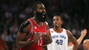 Nov 2, 2016; New York, NY, USA; Houston Rockets shooting guard James Harden (13) reacts during the third quarter against the New York Knicks at Madison Square Garden. Mandatory Credit: Brad Penner-USA TODAY Sports