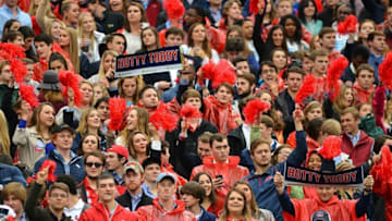Nov 7, 2015; Oxford, MS, USA; Mississippi Rebels fans cheer before that start of the game against the Arkansas Razorbacks at Vaught-Hemingway Stadium. Arkansas won 53-52. Mandatory Credit: Matt Bush-USA TODAY Sports