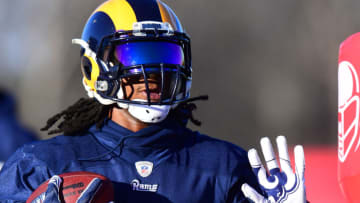 FLOWERY BRANCH, GA - JANUARY 31: Todd Gurley #30 of the Los Angeles Rams carries the ball during practice for Super Bowl LIII at the Atlanta Falcons Training Facility on January 31, 2019 in Flowery Branch, Georgia. (Photo by Scott Cunningham/Getty Images)