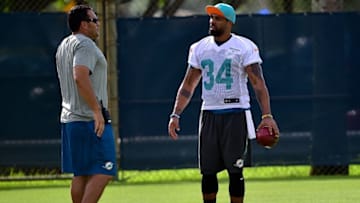 Jul 29, 2016; Davie, FL, USA; Miami Dolphins running back Arian Foster (34) during practice drills at Baptist Health Training Facility. Mandatory Credit: Steve Mitchell-USA TODAY Sports