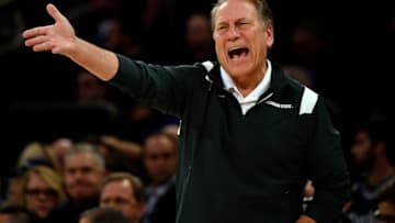 NEW YORK, NY - NOVEMBER 09: Head coach Tom Izzo of the Michigan State Spartans reacts to a call during their game against the Kansas Jayhawks in the first half of the State Farm Champions Classic at Madison Square Garden on November 9, 2021 in New York City. (Photo by Lance King/Getty Images)