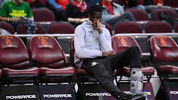 LOS ANGELES, CA - FEBRUARY 21: Injured Oregon center Bol Bol (1) looks on during a college basketball game between the Oregon Ducks and the USC Trojans on February 21, 2019 at Galen Center in Los Angeles, CA. (Photo by Brian Rothmuller/Icon Sportswire via Getty Images)