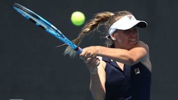 HOBART, AUSTRALIA - JANUARY 12: Sofia Kenin of the USA plays a shot during her finals match against Anna Karolina Schmiedlova of Slovakia during day eight of the 2019 Hobart International at Domain Tennis Centre on January 12, 2019 in Hobart, Australia. (Photo by Robert Cianflone/Getty Images)