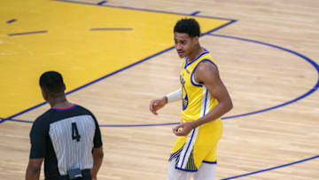 Jan 4, 2021; San Francisco, California, USA; Golden State Warriors guard Jordan Poole (3) reacts after being called for a foul during the fourth quarter against the Sacramento Kings at Chase Center. Mandatory Credit: Neville E. Guard-USA TODAY Sports