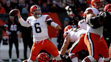 CINCINNATI, OHIO - NOVEMBER 07: Baker Mayfield #6 of the Cleveland Browns throws the ball during the first quarter Cincinnati Bengals at Paul Brown Stadium on November 07, 2021 in Cincinnati, Ohio. (Photo by Dylan Buell/Getty Images)