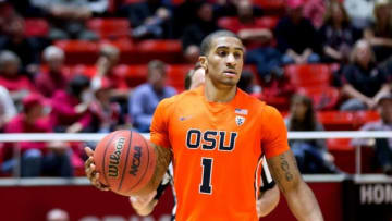 Jan 17, 2016; Salt Lake City, UT, USA; Oregon State Beavers guard Gary Payton II (1) dribbles the ball during the first half against the Utah Utes at Jon M. Huntsman Center. Mandatory Credit: Russ Isabella-USA TODAY Sports
