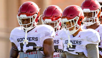 OU defensive backs Key Lawrence (12) and Billy Bowman (5) take part in practice on Aug. 10 in Norman.Ou Football Practice