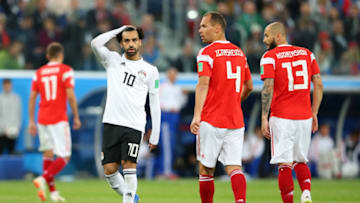 SAINT PETERSBURG, RUSSIA - JUNE 19: Mohamed Salah of Egypt reacts during the 2018 FIFA World Cup Russia group A match between Russia and Egypt at Saint Petersburg Stadium on June 19, 2018 in Saint Petersburg, Russia. (Photo by Alex Livesey/Getty Images)