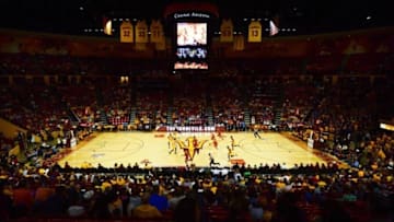 Feb 12, 2016; Tempe, AZ, USA; A general view of game action during the first half between the Arizona State Sun Devils and the Southern California Trojans at Wells-Fargo Arena. Mandatory Credit: Joe Camporeale-USA TODAY Sports