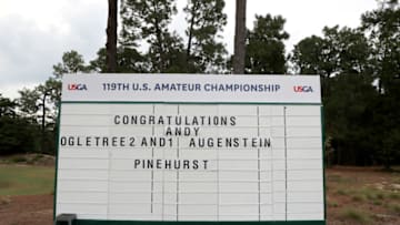 PINEHURST, NORTH CAROLINA - AUGUST 18: A detailed view of a scoreboard after Andy Ogletree defeated John Augenstein 2&1 during the 119th USGA U.S. Amateur Championship 36 hole final at Pinehurst Resort and Country Club on August 18, 2019 in Pinehurst, North Carolina. (Photo by Streeter Lecka/Getty Images)