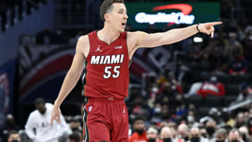 Duncan Robinson #55 of the Miami Heat celebrates during the game against the Washington Wizards(Photo by G Fiume/Getty Images)