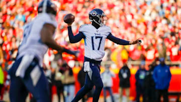 KANSAS CITY, MO - JANUARY 19: Ryan Tannehill #17 of the Tennessee Titans passes during the second quarter of the AFC Championship game against the Kansas City Chiefs at Arrowhead Stadium on January 19, 2020 in Kansas City, Missouri. (Photo by David Eulitt/Getty Images)
