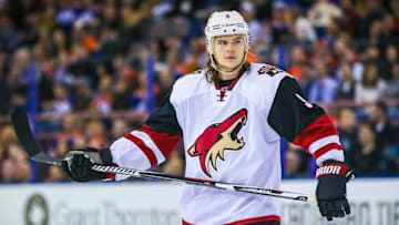 Mar 12, 2016; Edmonton, Alberta, CAN; Arizona Coyotes left wing Viktor Tikhonov (9) skates against the Edmonton Oilers during the second period at Rexall Place. Arizona Coyotes won 4-0. Mandatory Credit: Sergei Belski-USA TODAY Sports