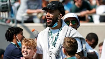 Former Michigan State basketball player Denzel Valentine on the sideline during the first half against Youngstown State at Spartan Stadium in East Lansing on Saturday, Sept. 11, 2021.