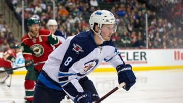 Nov 10, 2015; Saint Paul, MN, USA; Winnipeg Jets defenseman Jacob Trouba (8) in the second period against the Minnesota Wild at Xcel Energy Center. Mandatory Credit: Brad Rempel-USA TODAY Sports