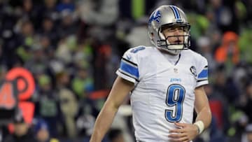 January 7, 2017; Seattle, WA, USA; Detroit Lions quarterback Matthew Stafford (9) reacts during a stoppage in play against the Seattle Seahawks during the second half in the NFC Wild Card playoff football game at CenturyLink Field. Mandatory Credit: Kirby Lee-USA TODAY Sports