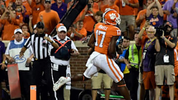 CLEMSON, SOUTH CAROLINA - SEPTEMBER 21: Wide receiver Cornell Powell #17 of the Clemson Tigers runs in a touchdown reception during the second quarter of the Tigers' football game against the Charlotte 49ers at Memorial Stadium on September 21, 2019 in Clemson, South Carolina. (Photo by Mike Comer/Getty Images)