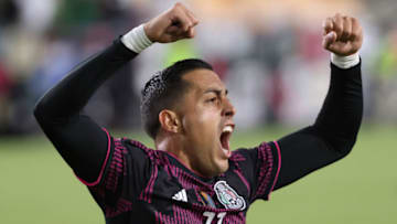 Rogelio Funes Mori exults after scoring for Mexico against Nigeria. (Photo by Harry How/Getty Images)