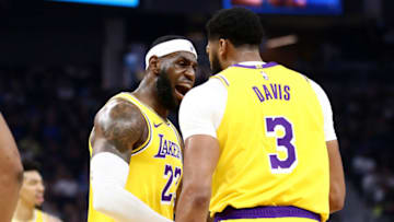 SAN FRANCISCO, CALIFORNIA - OCTOBER 05: LeBron James #23 congratulates Anthony Davis #3 of the Los Angeles Lakers after he made a basket against the Golden State Warriors at Chase Center on October 05, 2019 in San Francisco, California. NOTE TO USER: User expressly acknowledges and agrees that, by downloading and or using this photograph, User is consenting to the terms and conditions of the Getty Images License Agreement. (Photo by Ezra Shaw/Getty Images)