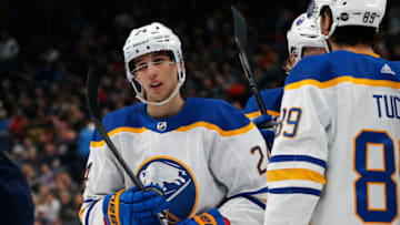 Dec 7, 2022; Columbus, Ohio, USA; Buffalo Sabres center Dylan Cozens (24) celebrates his goal against the Columbus Blue Jackets during the first period at Nationwide Arena. Mandatory Credit: Russell LaBounty-USA TODAY Sports