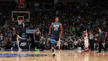 MINNEAPOLIS, MN - JANUARY 8: Jimmy Butler #23 of the Minnesota Timberwolves reacts during the game against the Cleveland Cavaliers on January 8, 2018 at Target Center in Minneapolis, Minnesota. NOTE TO USER: User expressly acknowledges and agrees that, by downloading and or using this Photograph, user is consenting to the terms and conditions of the Getty Images License Agreement. Mandatory Copyright Notice: Copyright 2018 NBAE (Photo by Jordan Johnson/NBAE via Getty Images)