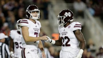 COLLEGE STATION, TX - OCTOBER 28: Nick Fitzgerald #7 of the Mississippi State Bulldogs and Aeris Williams #22 react after a penalty in the second quarter against the Texas A&M Aggies at Kyle Field on October 28, 2017 in College Station, Texas. (Photo by Tim Warner/Getty Images)