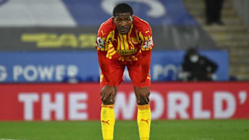 West Bromwich Albion's English midfielder Ainsley Maitland-Niles reacts during the English Premier League football match between Leicester City and West Bromwich Albion at King Power Stadium in Leicester, central England on April 22, 2021. - RESTRICTED TO EDITORIAL USE. No use with unauthorized audio, video, data, fixture lists, club/league logos or 'live' services. Online in-match use limited to 120 images. An additional 40 images may be used in extra time. No video emulation. Social media in-match use limited to 120 images. An additional 40 images may be used in extra time. No use in betting publications, games or single club/league/player publications. (Photo by Rui Vieira / POOL / AFP) / RESTRICTED TO EDITORIAL USE. No use with unauthorized audio, video, data, fixture lists, club/league logos or 'live' services. Online in-match use limited to 120 images. An additional 40 images may be used in extra time. No video emulation. Social media in-match use limited to 120 images. An additional 40 images may be used in extra time. No use in betting publications, games or single club/league/player publications. / RESTRICTED TO EDITORIAL USE. No use with unauthorized audio, video, data, fixture lists, club/league logos or 'live' services. Online in-match use limited to 120 images. An additional 40 images may be used in extra time. No video emulation. Social media in-match use limited to 120 images. An additional 40 images may be used in extra time. No use in betting publications, games or single club/league/player publications. (Photo by RUI VIEIRA/POOL/AFP via Getty Images)