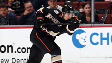 ANAHEIM, CA - JANUARY 28: Luca Sbisa #5 of the Anaheim Ducks shoots the puck during the game against the Minnesota Wild on January 28, 2014 at Honda Center in Anaheim, California. (Photo by Debora Robinson/NHLI via Getty Images)
