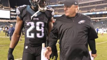 Oct 19, 2015; Philadelphia, PA, USA; Philadelphia Eagles head coach Chip Kelly and running back DeMarco Murray (29) walk off the field after win over the New York Giants at Lincoln Financial Field. The Eagles defeated the Giants, 27-7. Mandatory Credit: Eric Hartline-USA TODAY Sports
