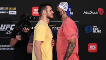 ABU DHABI, UNITED ARAB EMIRATES - SEPTEMBER 25: In this handout image provided by UFC, (L-R) Opponents Khadis Ibragimov of Russia and Danilo Marques of Brazil face off during the UFC 253 weigh-in on September 25, 2020 at Flash Forum on UFC Fight Island, Abu Dhabi, United Arab Emirates. (Photo by Josh Hedges/Zuffa LLC via Getty Images)